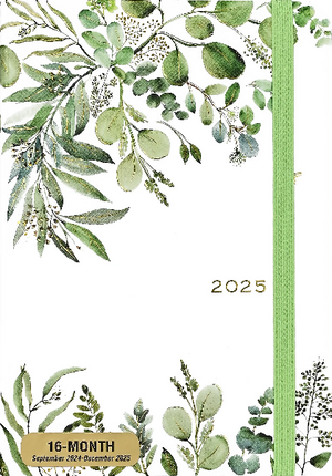 white notebook with a green elastic. the cover has watercolour leaves on the top and on the bottom. centre right text reads "2025" in gold. bottom left corner sticker text reads "16-month september 2024-december 2025". peter pauper product.