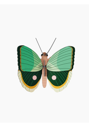 Image of a green, yellow and white 3D butterfly on a white background. 