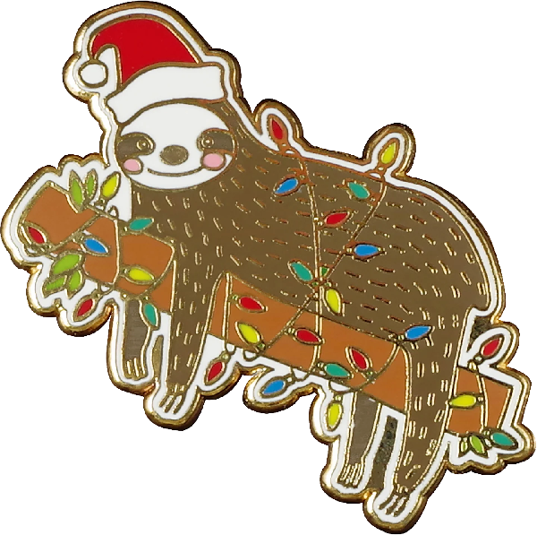 white cut-shape enamel pin of a smiling sloth on a branch. both are wrapped in christmas lights. the sloth wears a santa hat