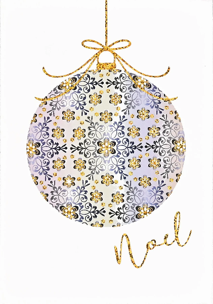 white greeting card by peter pauper press. an elegant ornament hangs above the word "Noel". the decoration is filled with a repeated, flowery pattern and gold foil details