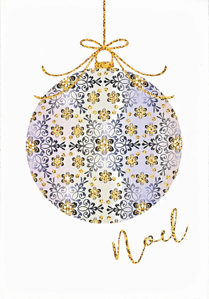 white greeting card by peter pauper press. an elegant ornament hangs above the word "Noel". the decoration is filled with a repeated, flowery pattern and gold foil details