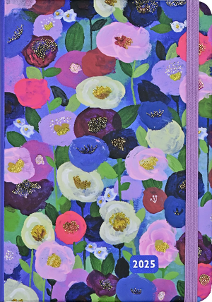 violet notebook with a light purple elastic. the cover is filled with a pink, violet, blue, and light green blob painted flowers. bottom right text reads "2025" in violet. peter pauper product.