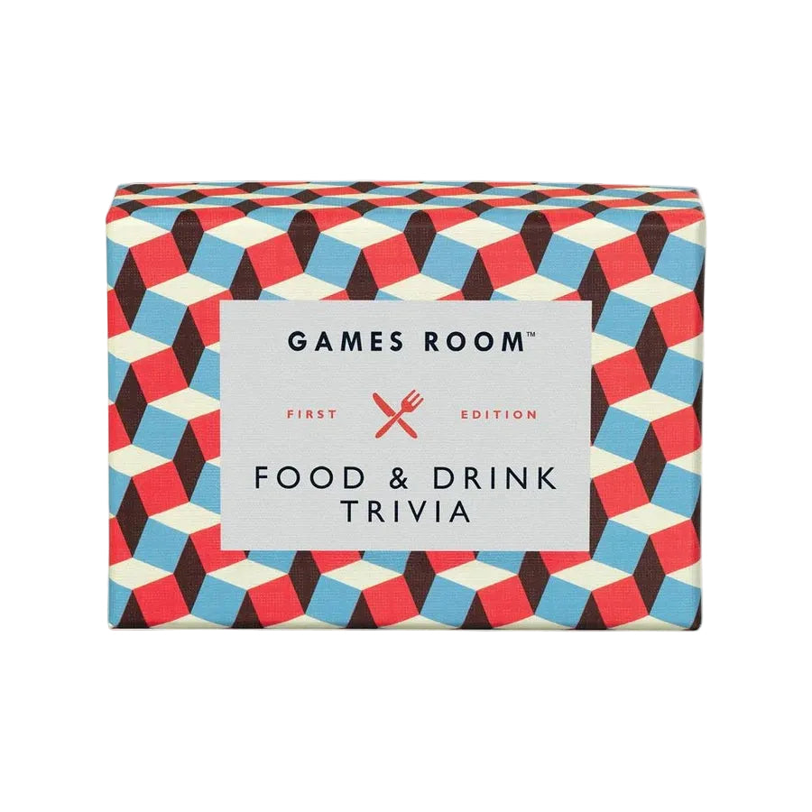 Red and blue geometric patterned box of 'Food & Drink Trivia' game from 'Games Room'.
