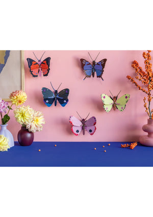 Colorful 3D pop-up butterfly decorations on a pink wall with flowers on either side.