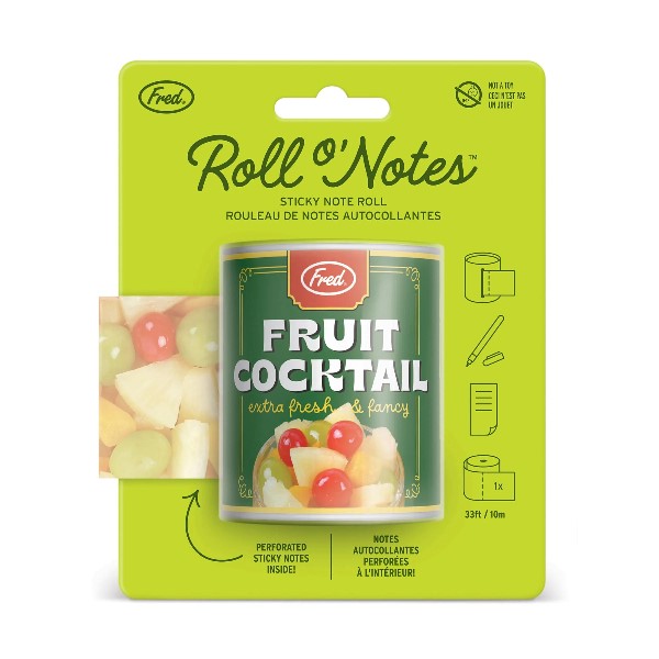 roll of sticky notes with an image of canned fruit cocktail on each sheet