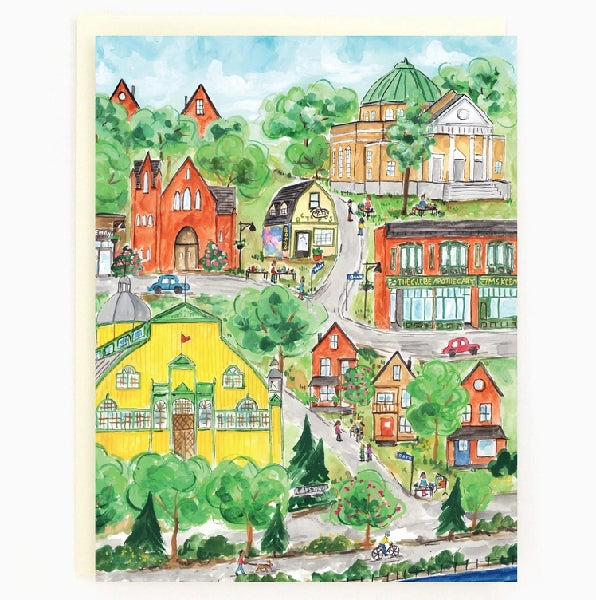 A blank art card featuring a colourful illustration of The Glebe area in Ottawa.