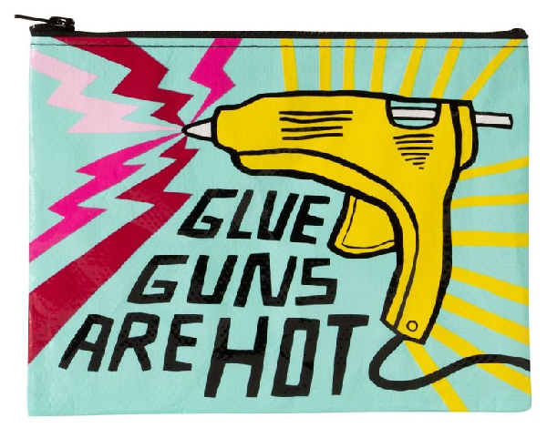 Blue coin purse. There is a yellow glue gun above the text "glue guns are hot".