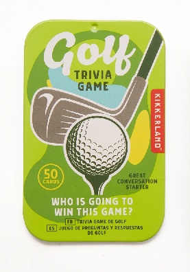 open green metal container containing a card game. lid sees an illustrated golf club, ball, an absract golf terrain, and lots of text. kikkerland product on white background