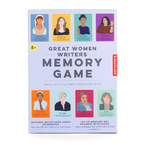 light purple box with caricatures of women writers. middle text reads "gret women writers memory game". kikkerland product on white background