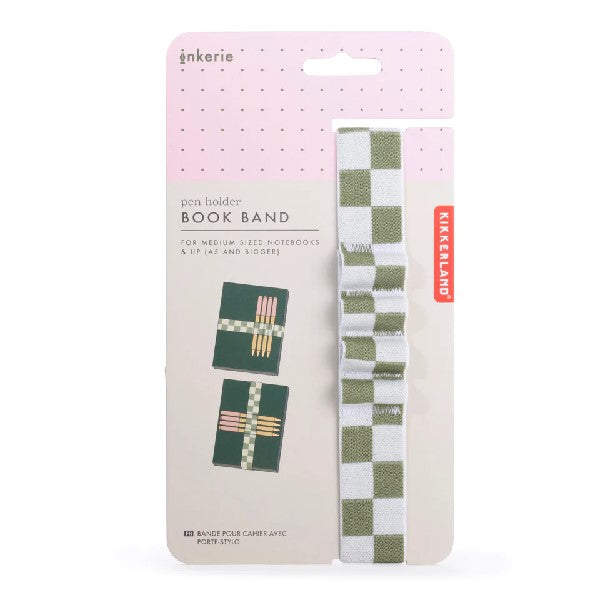 green and white checkered book band with 4 pen holder slots. kikkerland product on a hangable packaging. white background.