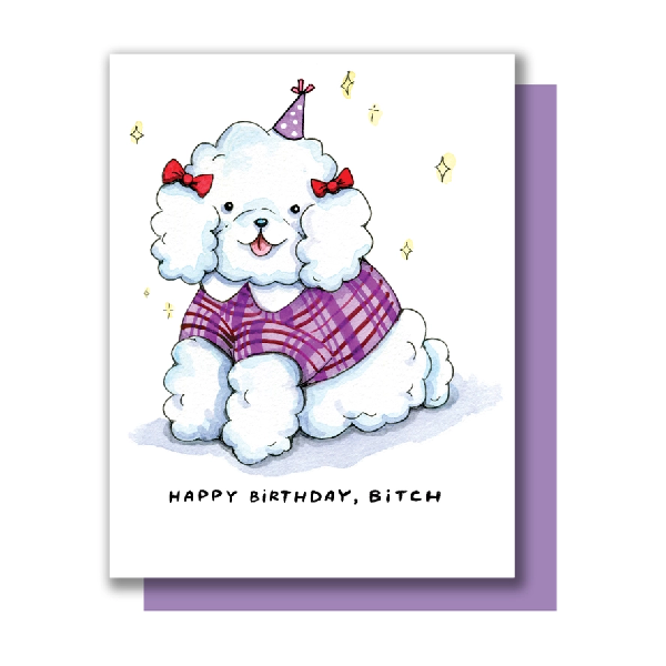 Greeting card featuring an illustration of a white dog wearing a sweater, party hat and bows on it's ears with the text 'Happy Birthday, Bitch' on the front.
