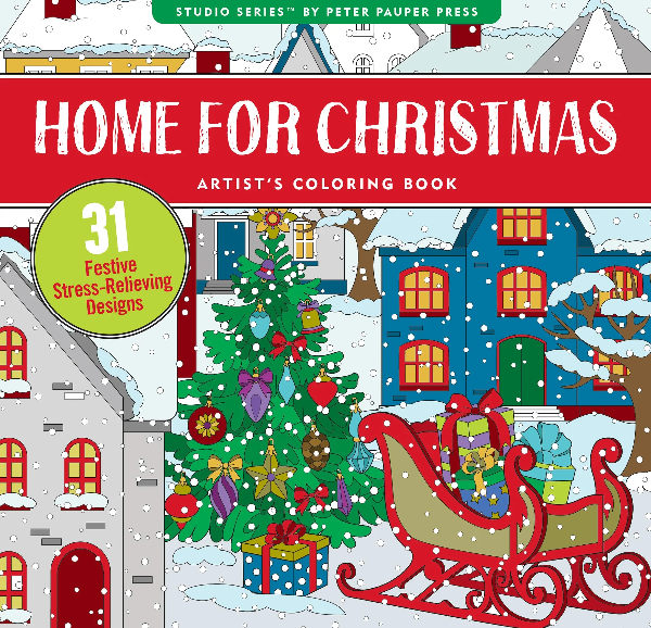 white activity book with a red banner by peter pauper press. main text reads "home for christmas artist's coloring book". design behind the banner shows a winter village scene