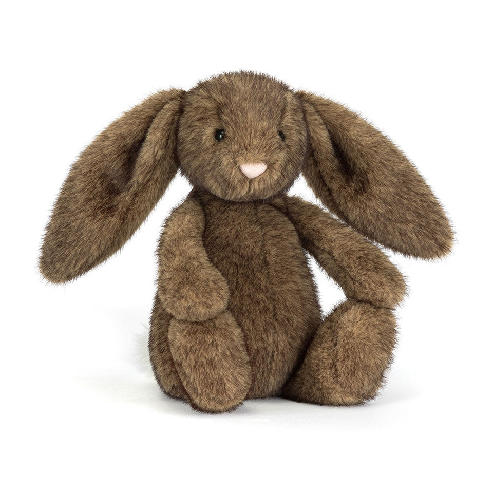 Front view of Jellycat Brown plush bunny with a pink nose on a white background
