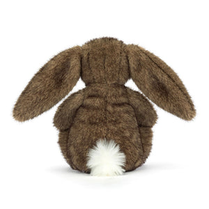 Back view of a Jellycat Brown plush bunny with a white fluffy tail on a white background