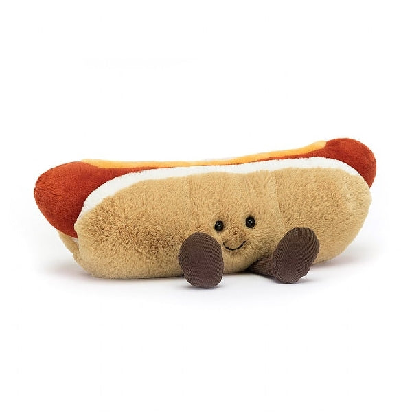 adorably soft plushie of a smiling hot dog with feet by popular brand Jellycat.