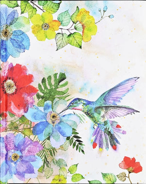 Hardback notebook cover with colourful illustration of a hummingbird and flowers on a white background