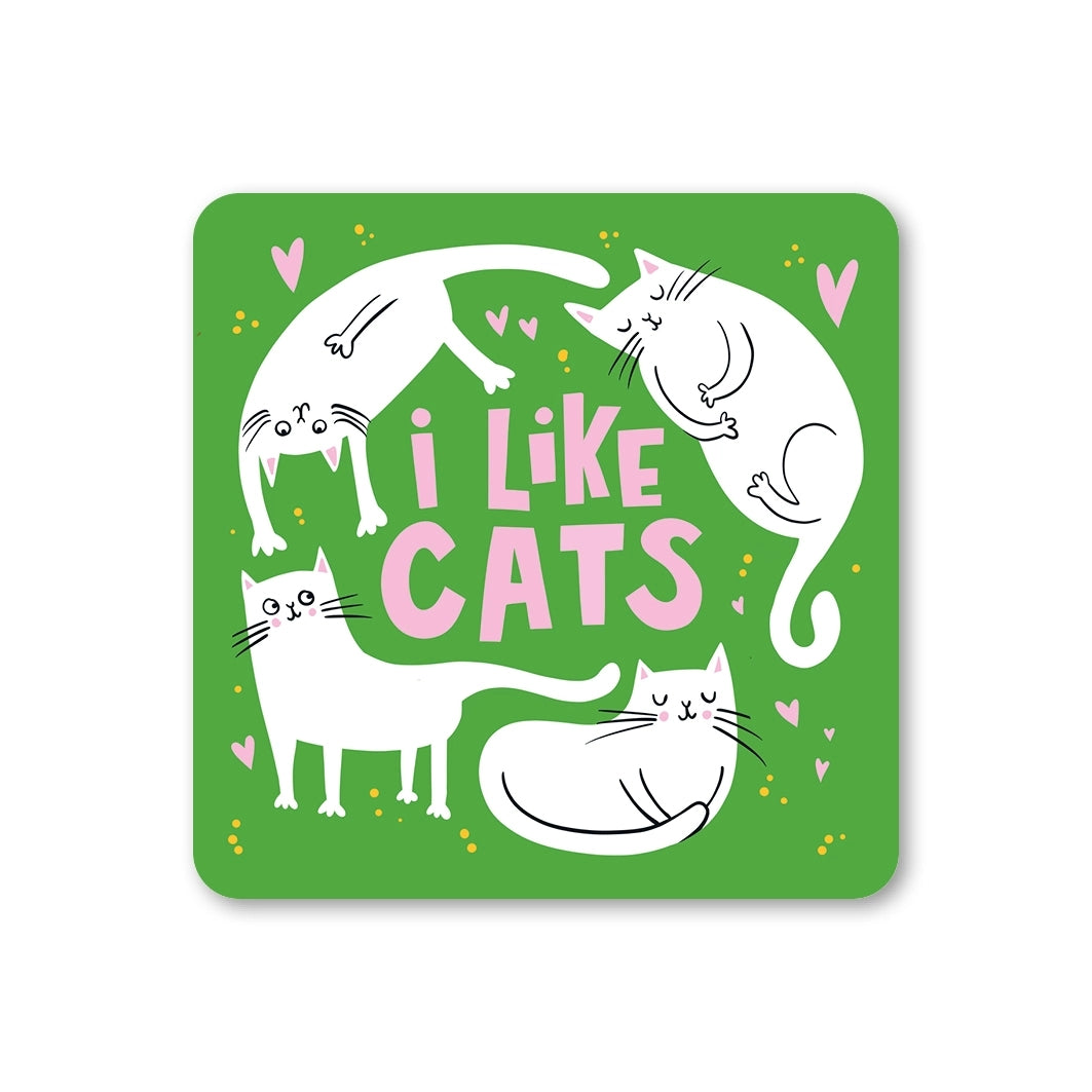 Coaster featuring an illustration of white cats, pink hearts and 'I Like Cats' text on a green background.