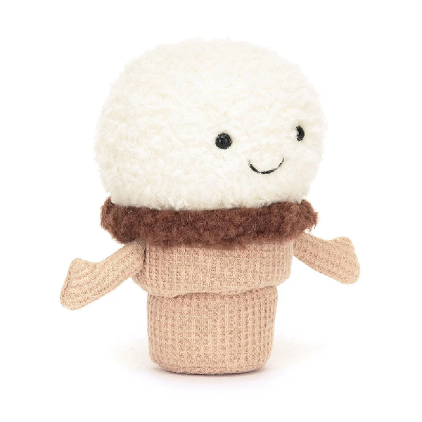 adorably soft plushie of a smiling vanilla ice cream cone with arms by popular brand Jellycat.