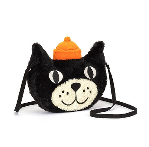 soft plushie purse of a black cat wearing an orange hat by popular brand Jellycat.