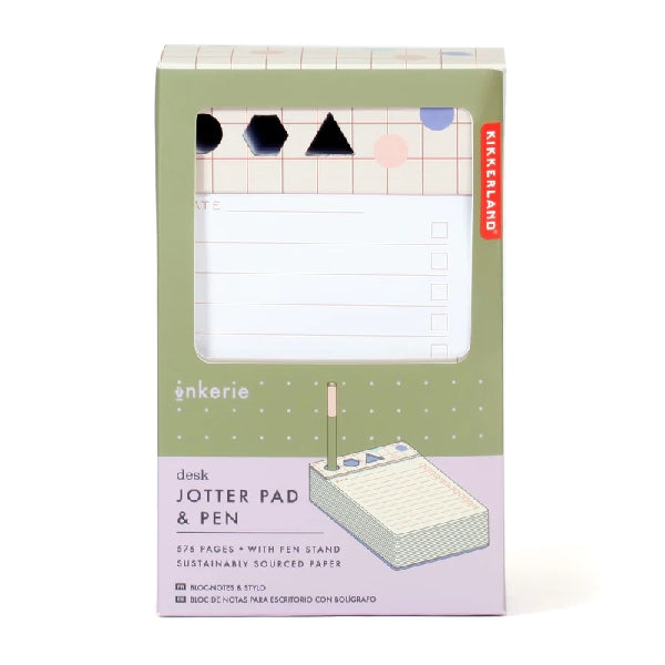 green and purple rectangular package on a white background. a panel reveal bullet-point lined paper and a pen holder with three holes: a circle, a hexagon, and a triangle. kikkerland product