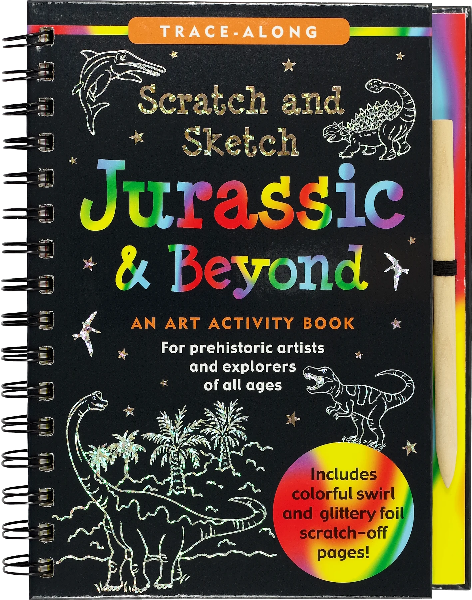 black spiral sketchbook with silver dinosaur doodles. middle text reads "scratch and sketch jurassic & beyond: an art activity book for prehistoric artists and explorers of all ages". bottom right text reads "includes glittery foils scratch-off page in a bright rainbow swirl circle