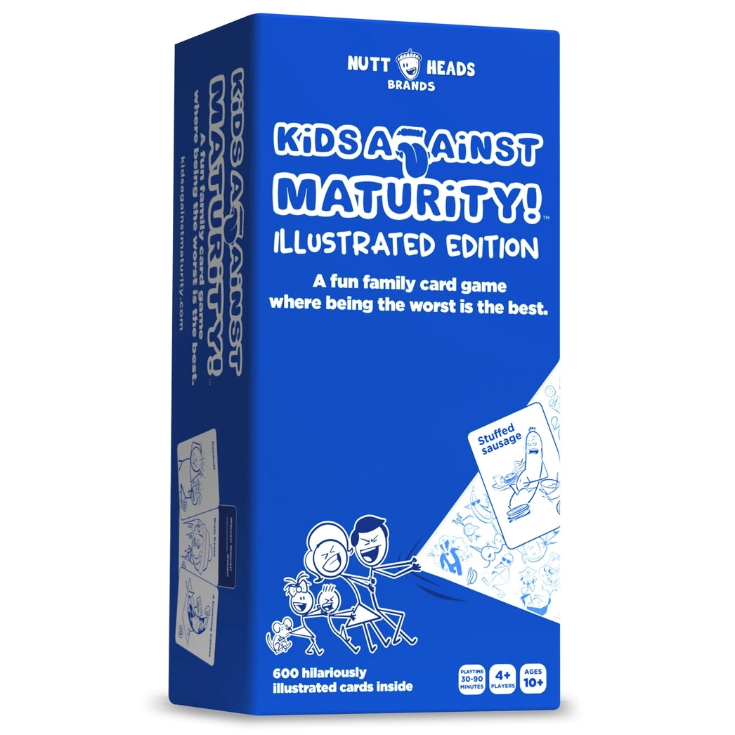 Blue card game box titled 'Kids Against Maturity' by Nutt Heads Brands featuring funny illustrations on a white background.