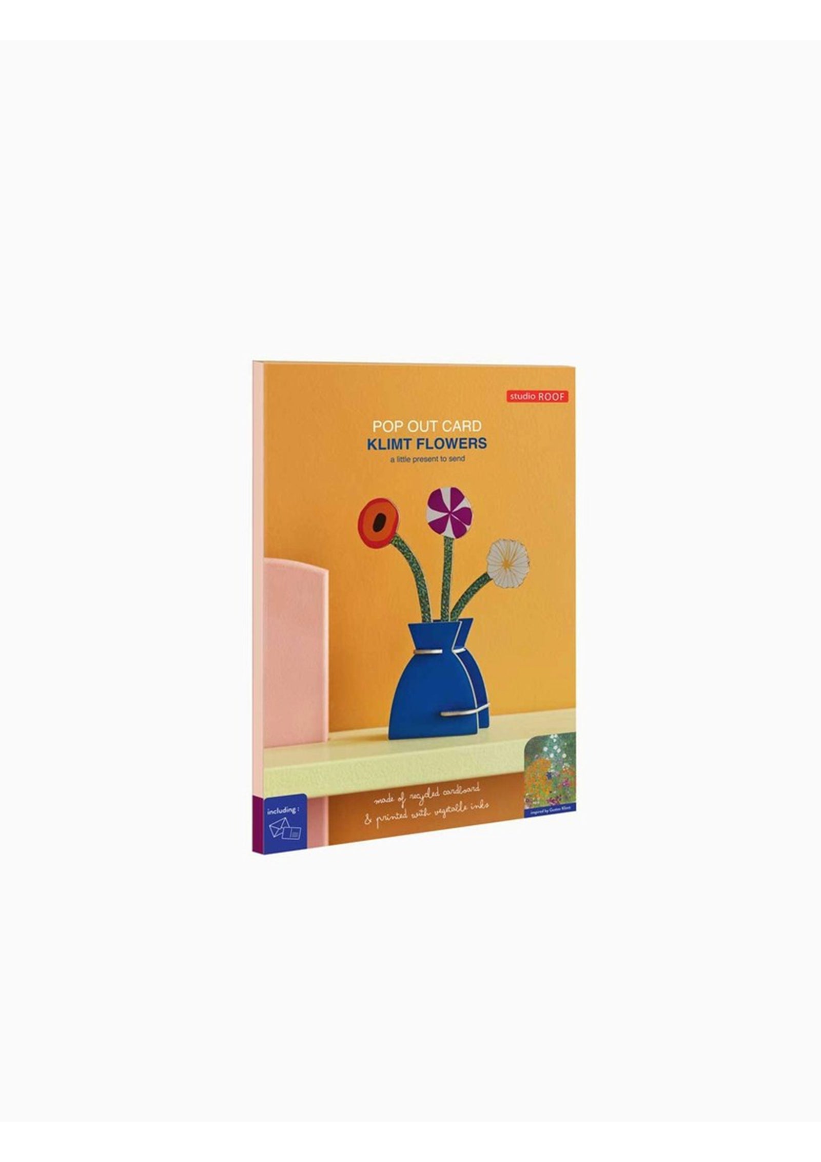 Packaging box for a Klimt Flowers pop-out card kit from Studio Roof. The box features an image of a 3D blue vase containing three flowers on a yellow background.