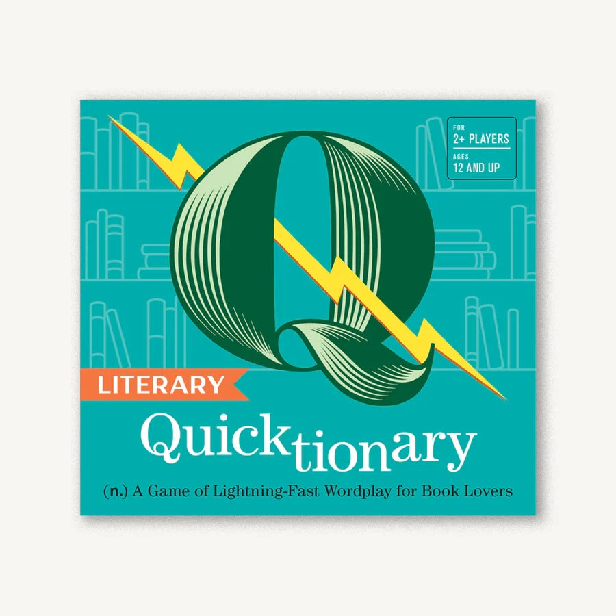 Teal cover packaging of a 'Literary Quicktionary' game on a white background.
