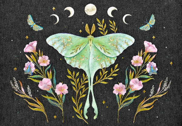 black blank notecard. the cover shows a mirrored and centred illustration of a luna moth with pink flowers, gold leaves, and moon phases. peter pauper product.