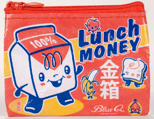 Cute red and yellow coin purse. Cartoon characters like a milk carton, bread slice, and banana, under the text "lunch money". 