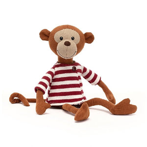 adorably soft plushie of a smiling monkey wearing a red-and-white striped shirt by popular brand Jellycat.