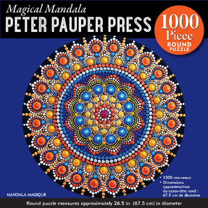 dark blue and black puzzle box with a colourful dot mandala in the centre. main text reads "magical mandala peter pauper press"