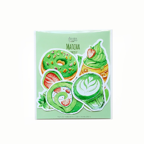 cute matcha-themed sticker set including a latte, chocolate strawberry, and more.