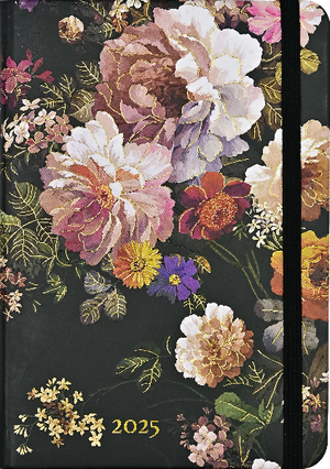 black notebook with a black elastic band. the cover is decorated with painted-like flowers with gold foil. bottom text reads "2025"