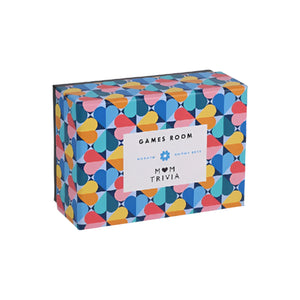 A colorful box of 'Mom Trivia' questions with a pattern of abstract heart shapes in various colors on the packaging.