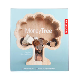 light blue product box with an image of the product inside. a wooden piggy bank in the shape of a lush tree. kikkerland product on white background