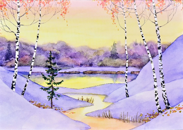 blank, watercolour notecard. the cover depicts a snowy, early morning scene of trees around an iced-over pond