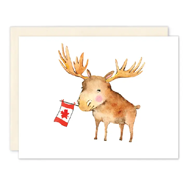 White blank card. A cute moose holding the Canadian flag in its mouth. 