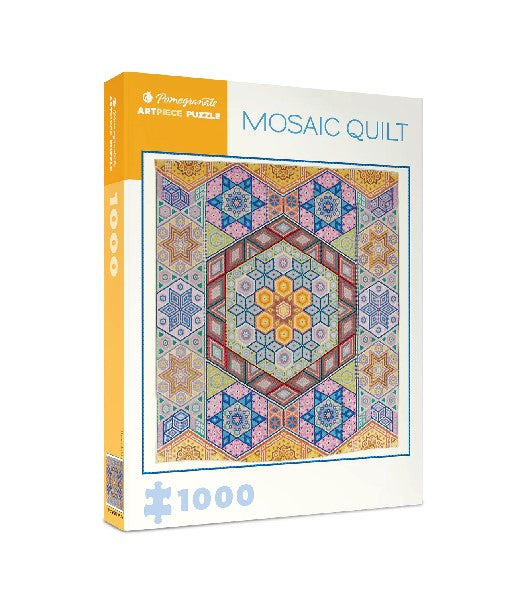 white puzzle box with yellow accents. the centre of the box has an image of a multi-coloured mosaic piece