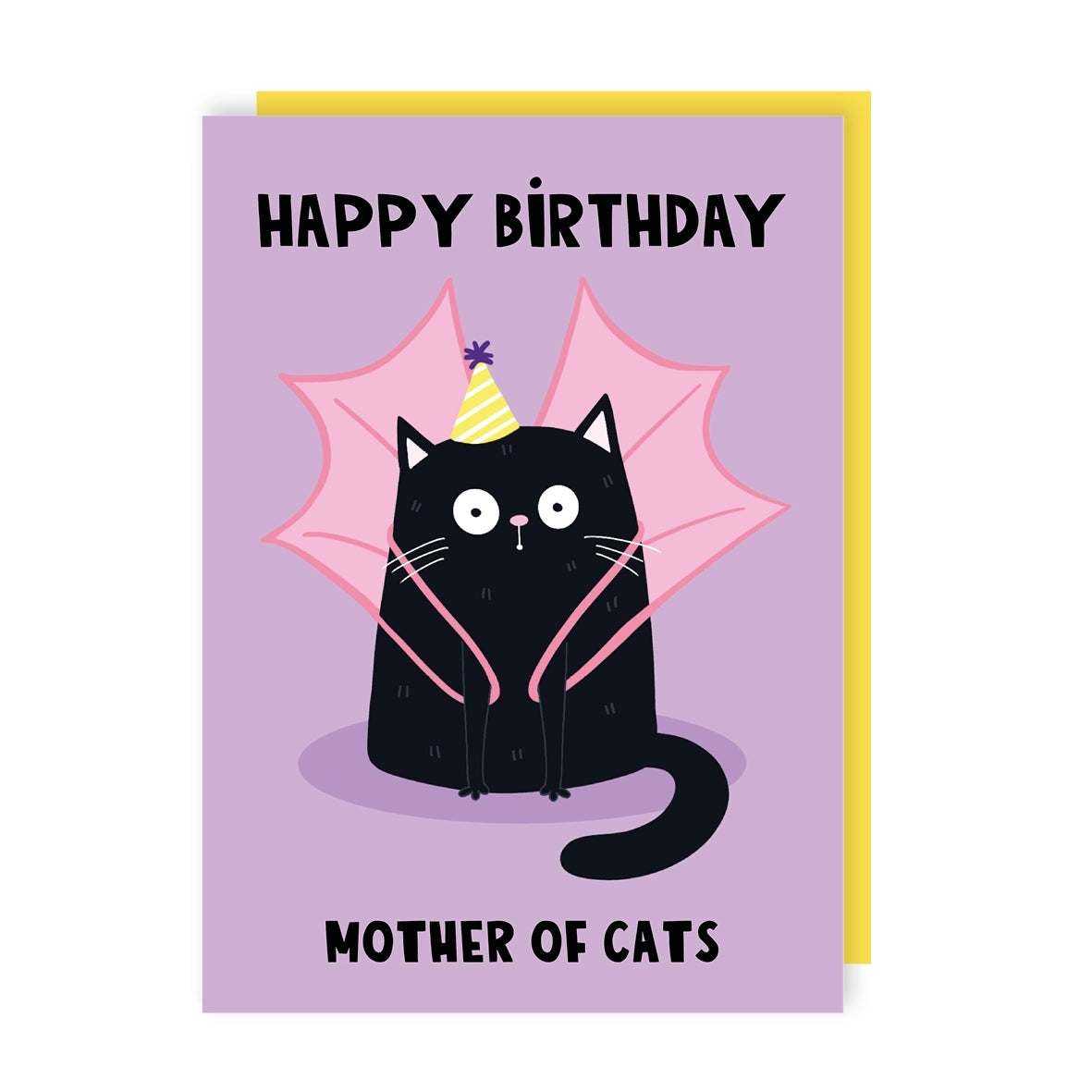 Greeting card featuring an illustration of a black cat wearing a party hat and pink wings with the text 'Happy birthday mother of cats' on a purple background.