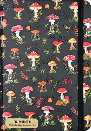 black notebook with a black elastic. the cover is filled with a repeated pattern of red, orange, and yellow mushrooms and leaves. centre right text reads "2025" in red. bottom left corner sticker text reads "16-month september 2024-december 2025". peter pauper product.