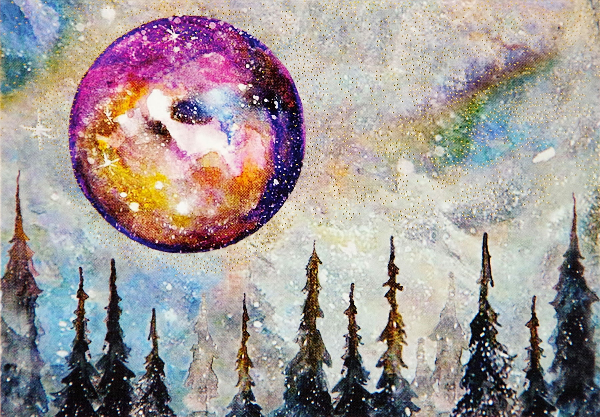 blank notecard by peter pauper press. cover shows the top of dark evergreens in front of a dusty sky. a purple, yellow, blue, and white mystical moon shines in the sky