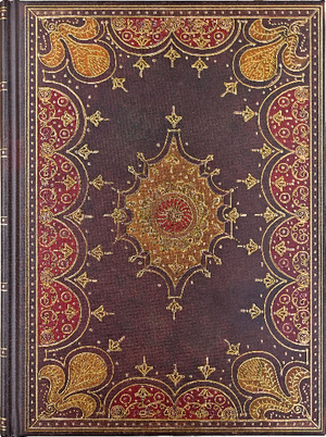 brown leather journal with ornate, symmetrical gold and deep red details on the cover. peter pauper product