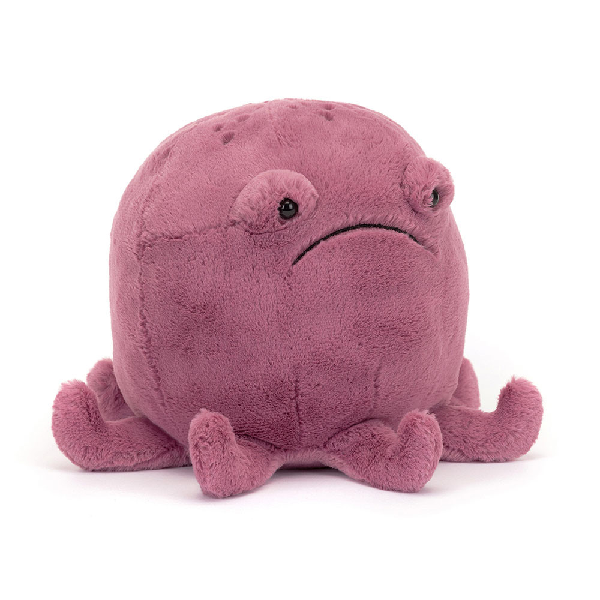 adorably soft plushie of a grumpy pink-purple octopus by popular brand Jellycat.