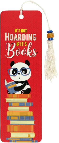 red bookmark with a white tassel. a panda wearing glasses sits on a tower of books. middle text reads "it's not hoarding if it's books"