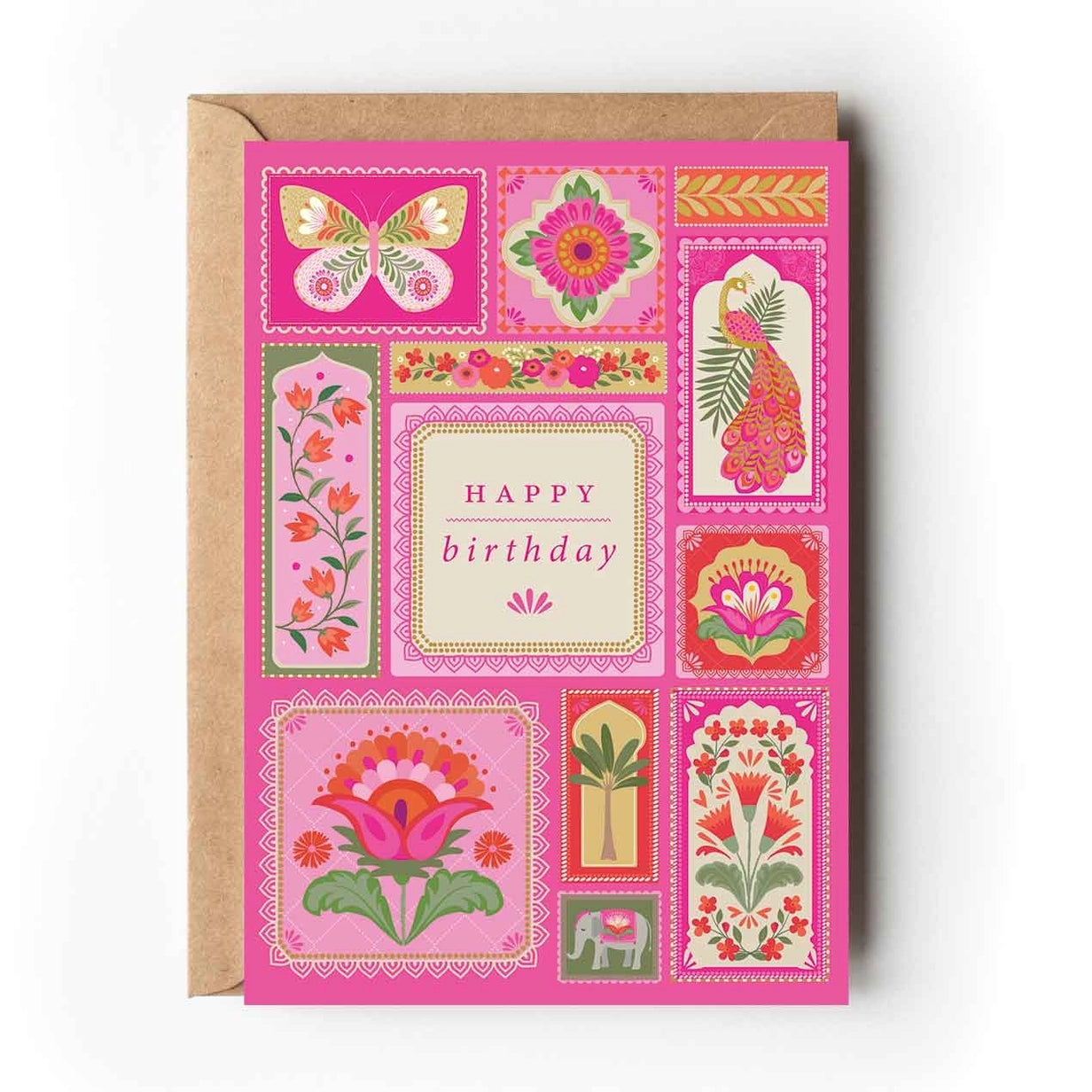 Greeting card featuring a combination of botanical and animal inspired illustrations, each of which is printed inside a stamp-like shape on a pink background. The text 'Happy Birthday' is printed in the centre of the card. 