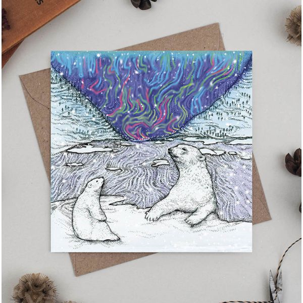 Polar Bears And Aurora Blank Art Card