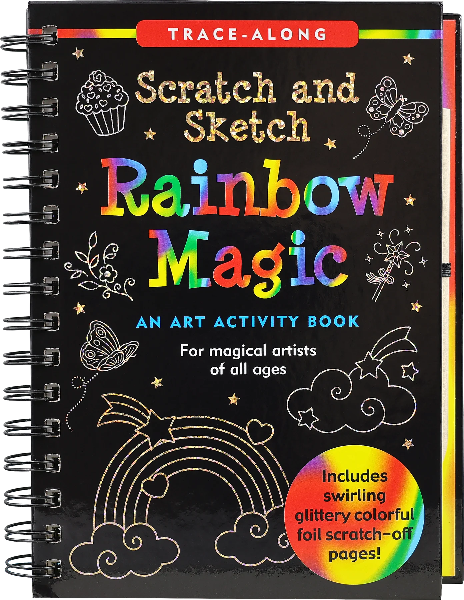 black spiral sketchbook with silver rainbows, butterflies, and cupcakes doodles. middle text reads "scratch and sketch rainbow magic: an art activity book for magical artists of all ages". bottom right text reads "includes glittery foils scratch-off page in a bright rainbow swirl circle