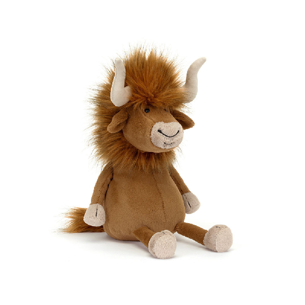 adorably soft plushie of a scraggly bull with a mane by popular brand Jellycat.