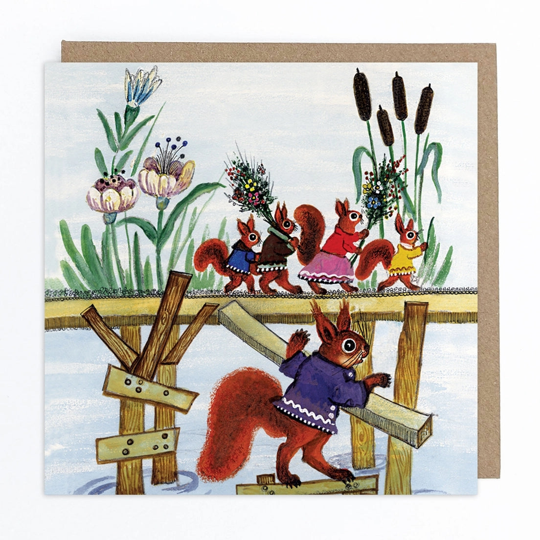 Red Squirrels On Bridge Blank Art Card